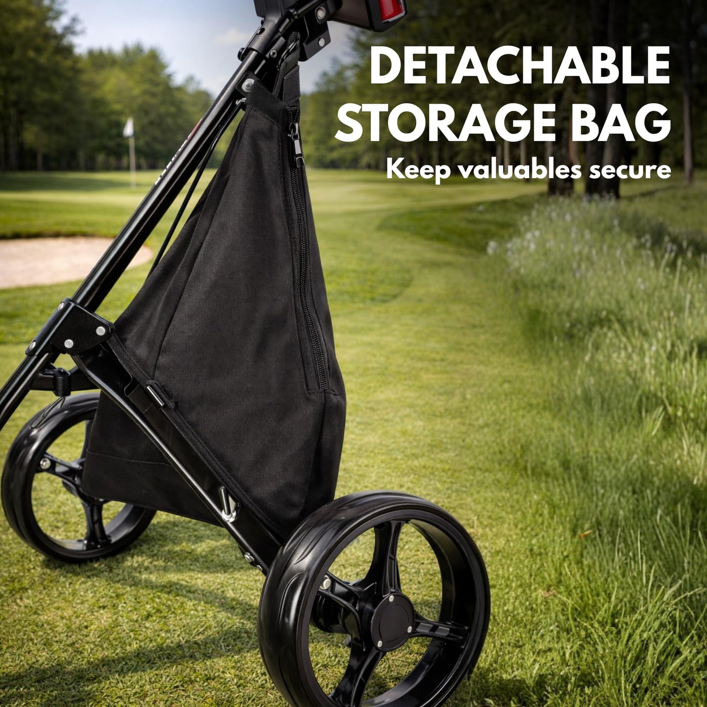 PRECISE Cruiser 3-Wheel Golf Push Cart with Foot Brake & Stabilizer Rods – Folding Golf Trolley, Ergonomic Handle, Detachable Storage Bag, Scorecard & Cup Holder - Black/Blue