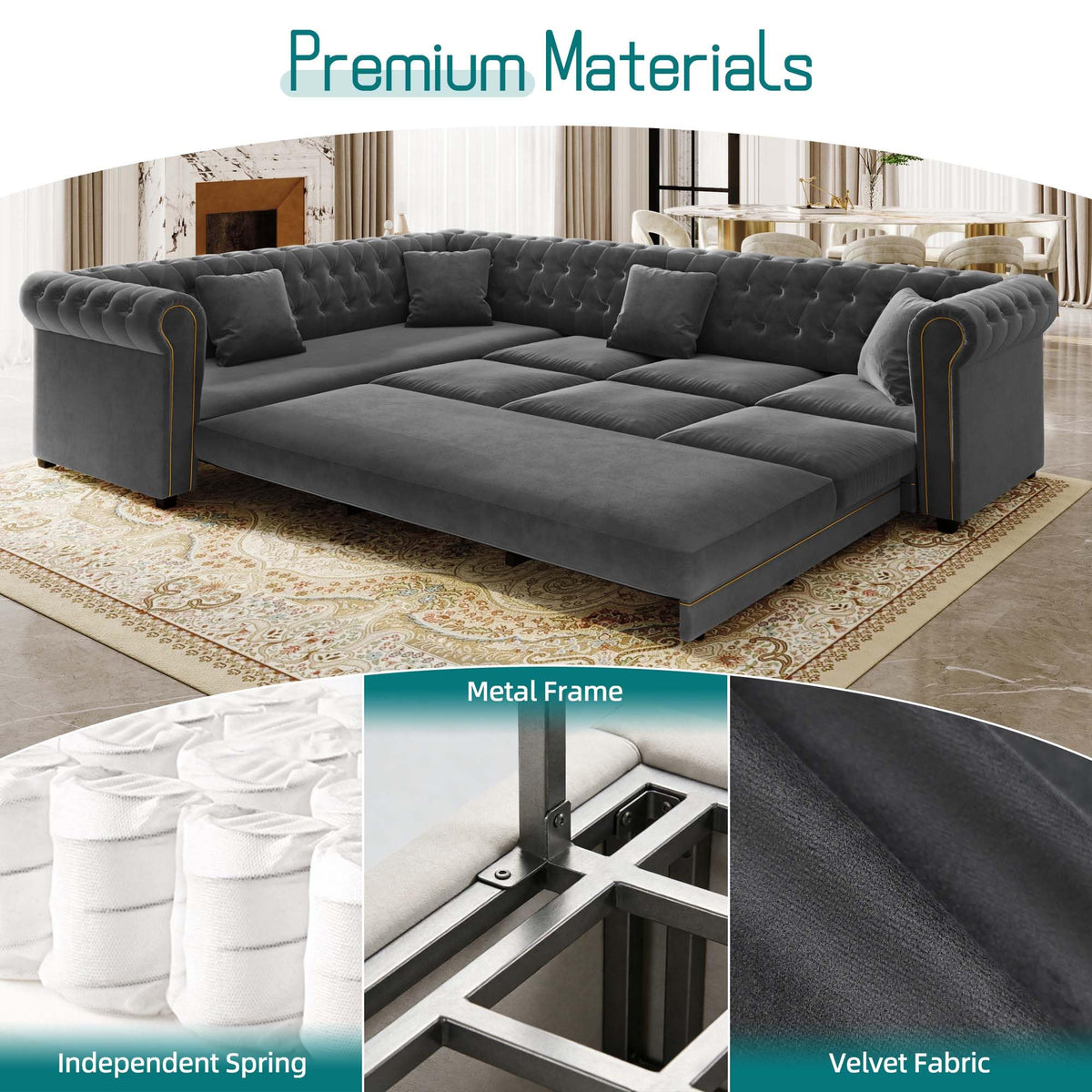 115.3'' Sleeper Sofa Bed King, Velvet Chesterfield Pull Out Couches, Gray