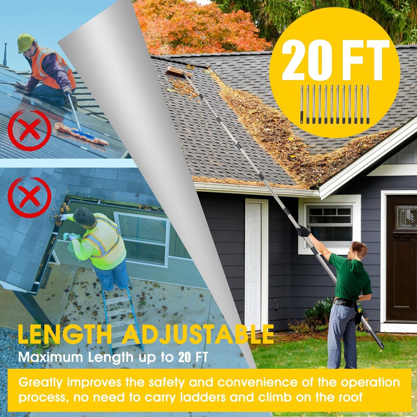 2-in-1 Leaf Roof Brush and Snow Rake, Roof Cleaning Brush & Leaf Removal Tool, Adjustable 5-20ft Cleaning Brush Tool for Cleaning Shingles, Solar Panels, Car Tops with No-Scratch Head