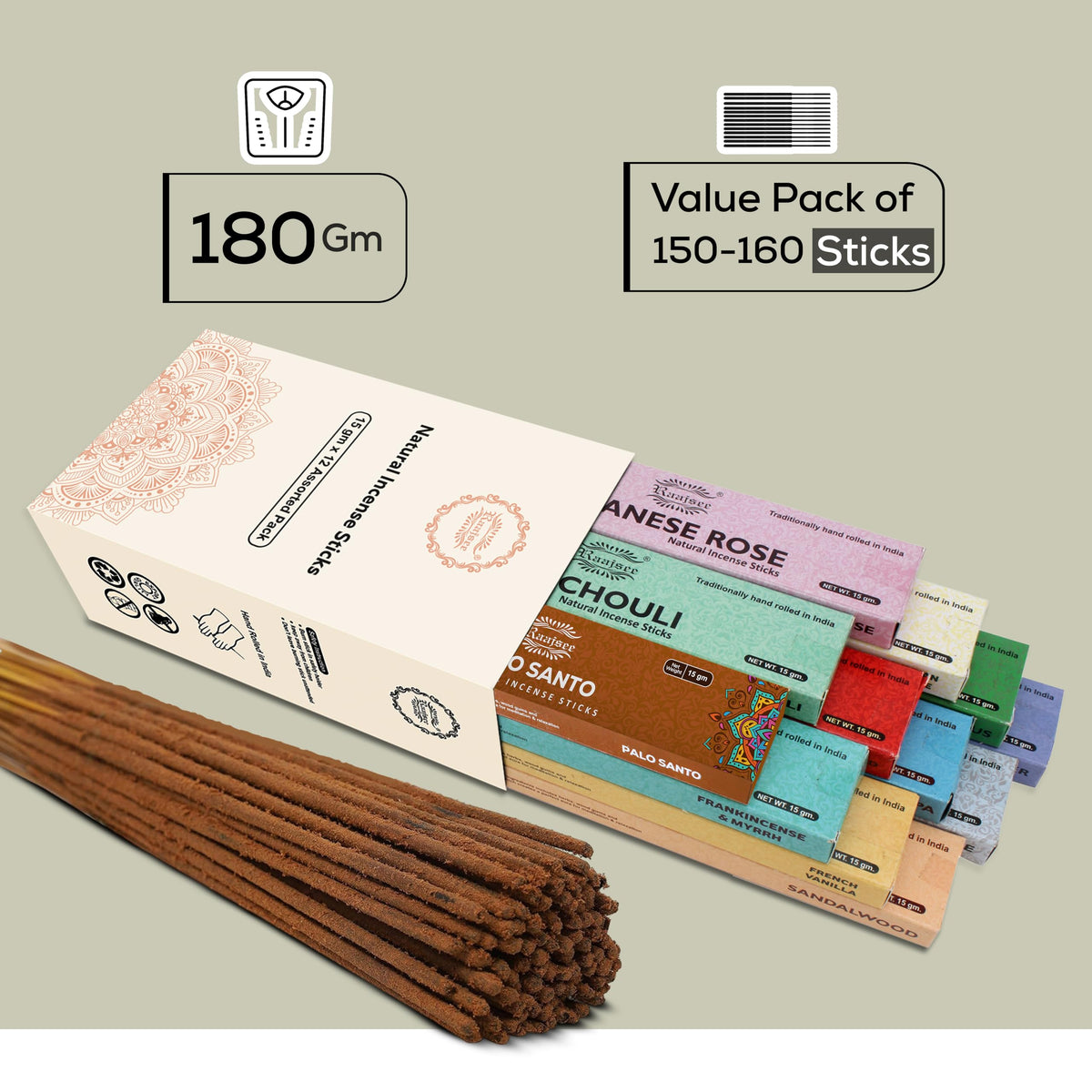 Raajsee Incense Sticks Assorted Pack (180 gm), 100% Pure Organic Natural Hand Rolled Free from Chemicals - Perfect for Aromatherapy, Cleansing, Meditation, and Church (12 Pack)