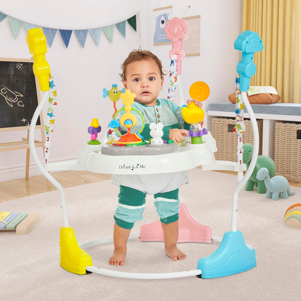 Dream On Me 2-in-1 Baby Activity Center & Bouncer Jumper, 360° Rotating Seat, 3-Height Adjustable, 12 Melodies with Lights & Interactive Toys, Promotes Early Development - Star Print