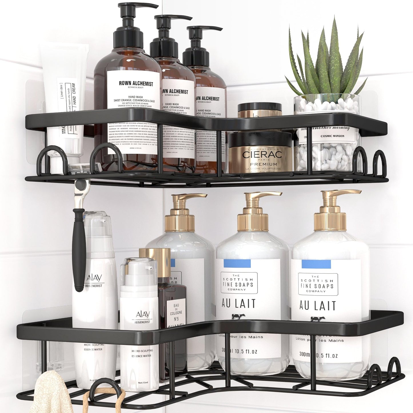 Sakugi Corner Shower Caddy - 2 Pack, Adhesive Shower Organizers, Rustproof Stainless Steel Shower Shelves with 8 Hooks, No Drilling Bathroom Organizers and Storage Racks, Space-Saving, Black, Medium