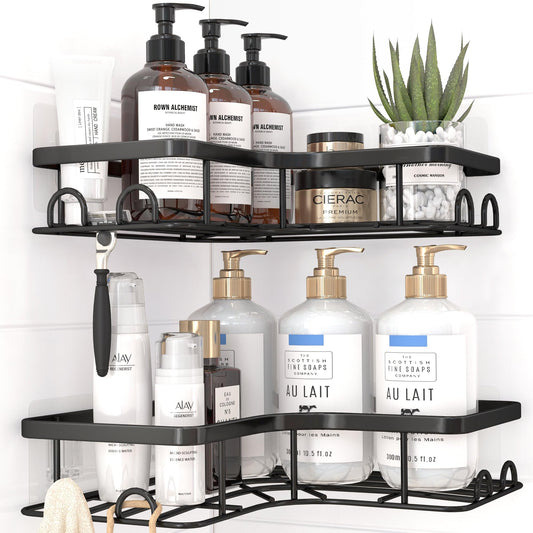 Sakugi Corner Shower Caddy - 2 Pack, Adhesive Shower Organizers, Rustproof Stainless Steel Shower Shelves with 8 Hooks, No Drilling Bathroom Organizers and Storage Racks, Space-Saving, Black, Medium