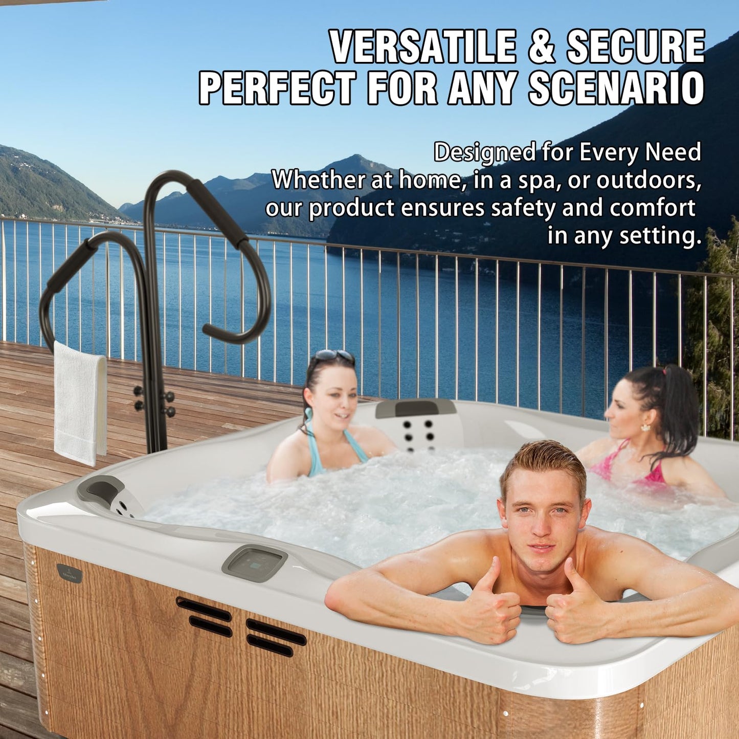 blissbuys Hot Tub Handrails 48-57 Inch Adjustable Two Way Hot Tub Handrail, 700LB Capacity 360° Swivel Assist Rail for Indoor Outdoor Spa Bathtub Entry and Exit, Black