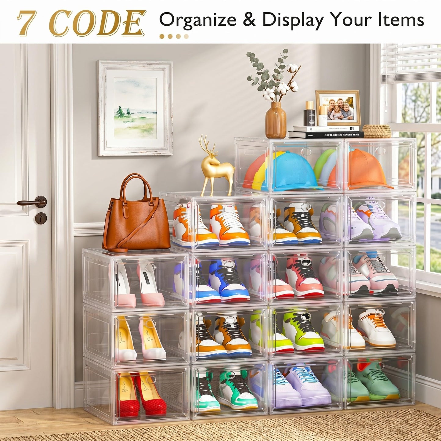 7 code Shoe Organizer, Clear Thickened Stackable Shoe Boxes with Magnetic Door, Collapsible Closet Storage Rack for Sneakers & Boots, 6 Pack White, Virgin Material, Not Recycled Plastic for Household