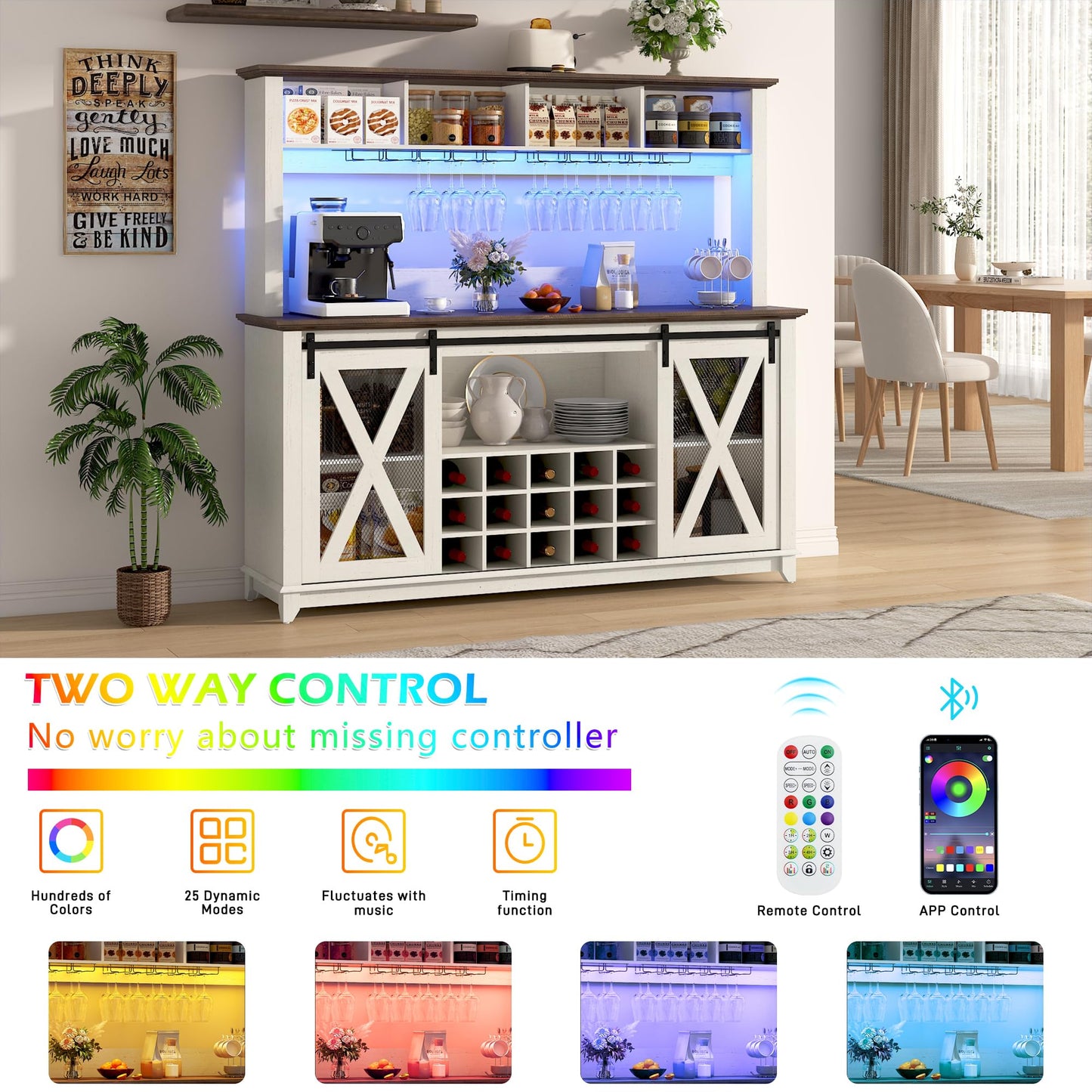 63"Wide 58"H Farmhouse Coffee Bar Cabinet with Power Outlet and LED Light,Wine Bar Cabinet w/ 4 Storage Hutch,Kitchen Buffet Cabinet with 15 Wine and Glass Racks for Kitchen Dining Room(Antique White)