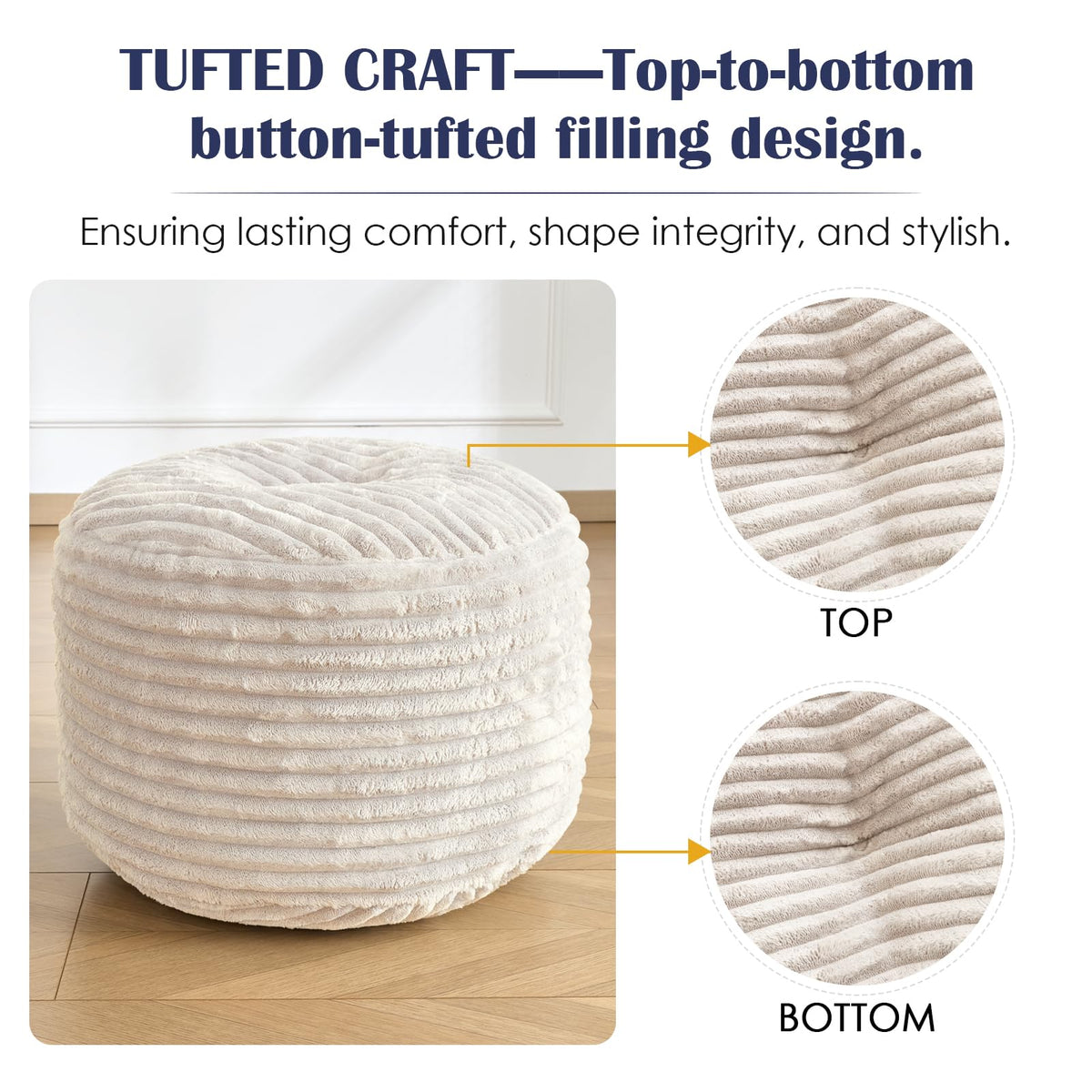 INSPIRE CRAFTER Round Pouf Ottoman,Corduroy Foot Rest,Beige,20x15 in