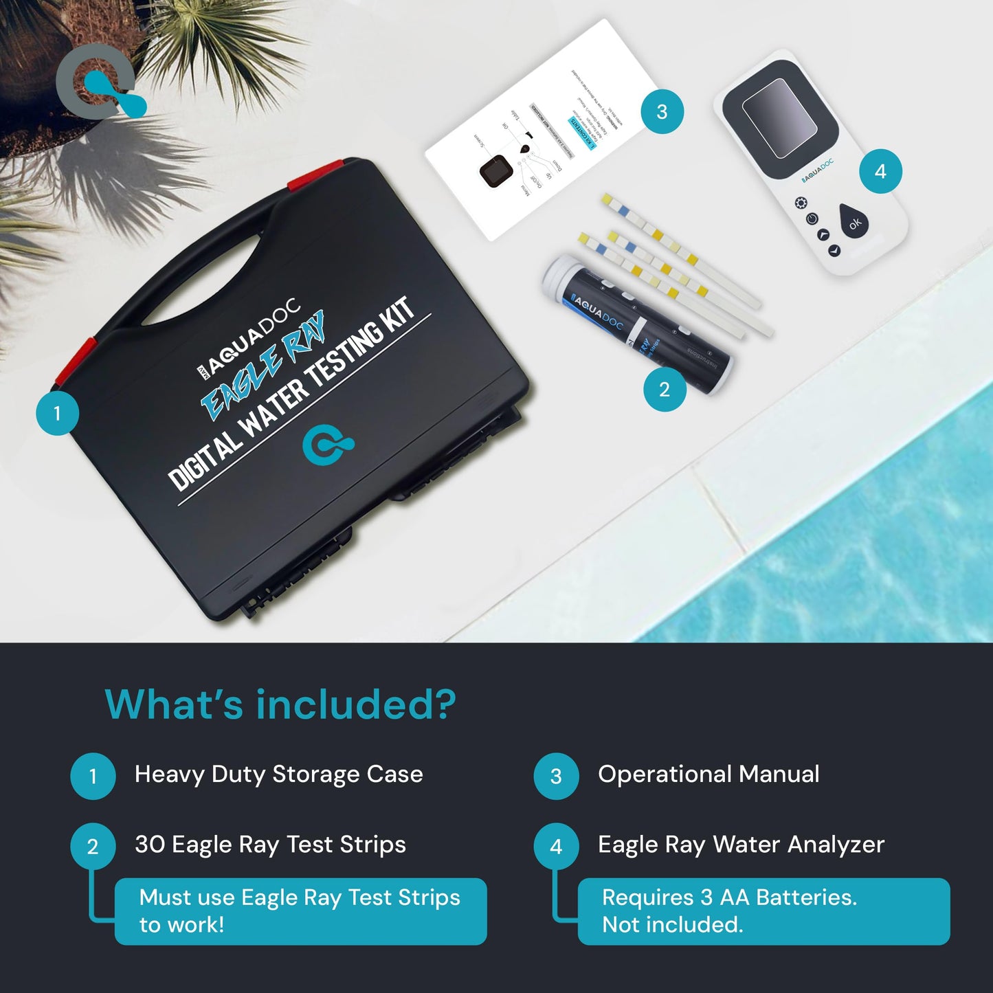 Eagle Ray Digital Water Test Kit for Pool & Spa by AquaDoc with Digital Water Tester and 30 Pool & Hot Tub Test Strips for Chlorine, Bromine, Total Hardness, Cyanuric Acid, Alkalinity and pH