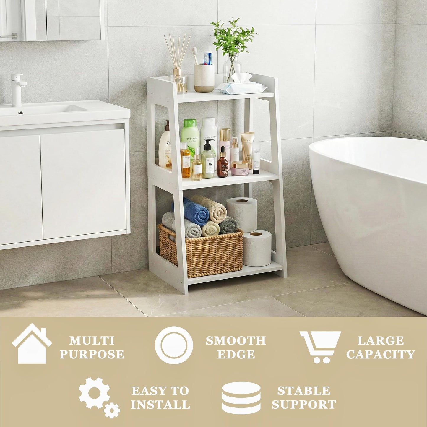 POBOMULI 3-Tier Bathroom Ladder Shelf Freestanding, White Floor Shelves Open Shelving Unit, Small Bookshelf Nightstand for Home Study Laundry Room (11.8" D x 15.7" W x 27.6" H)