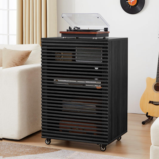 LEVNARY 5-Tier AV Media Cabinet with Grille Door, Modern Wooden Stereo Rack with Adjustable Shelves & Wheels, Audio Video Cabinet for Living Gaming Room Recording Studio (Black)