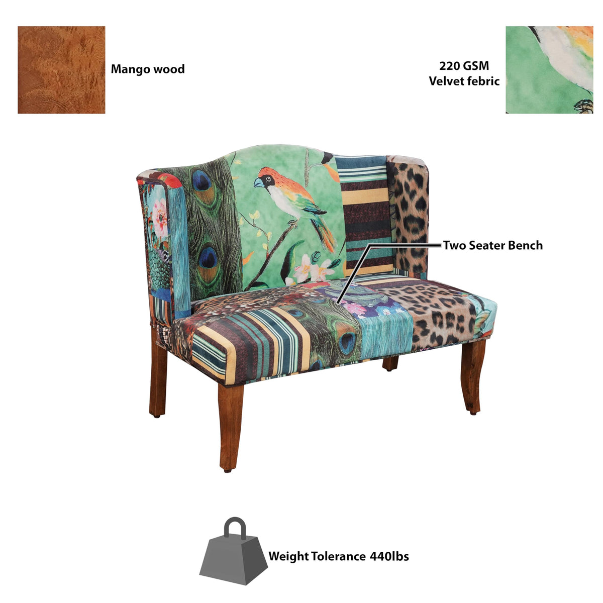Benzara Vesta Bird Collage Print Settee, Multicolor Upholstery