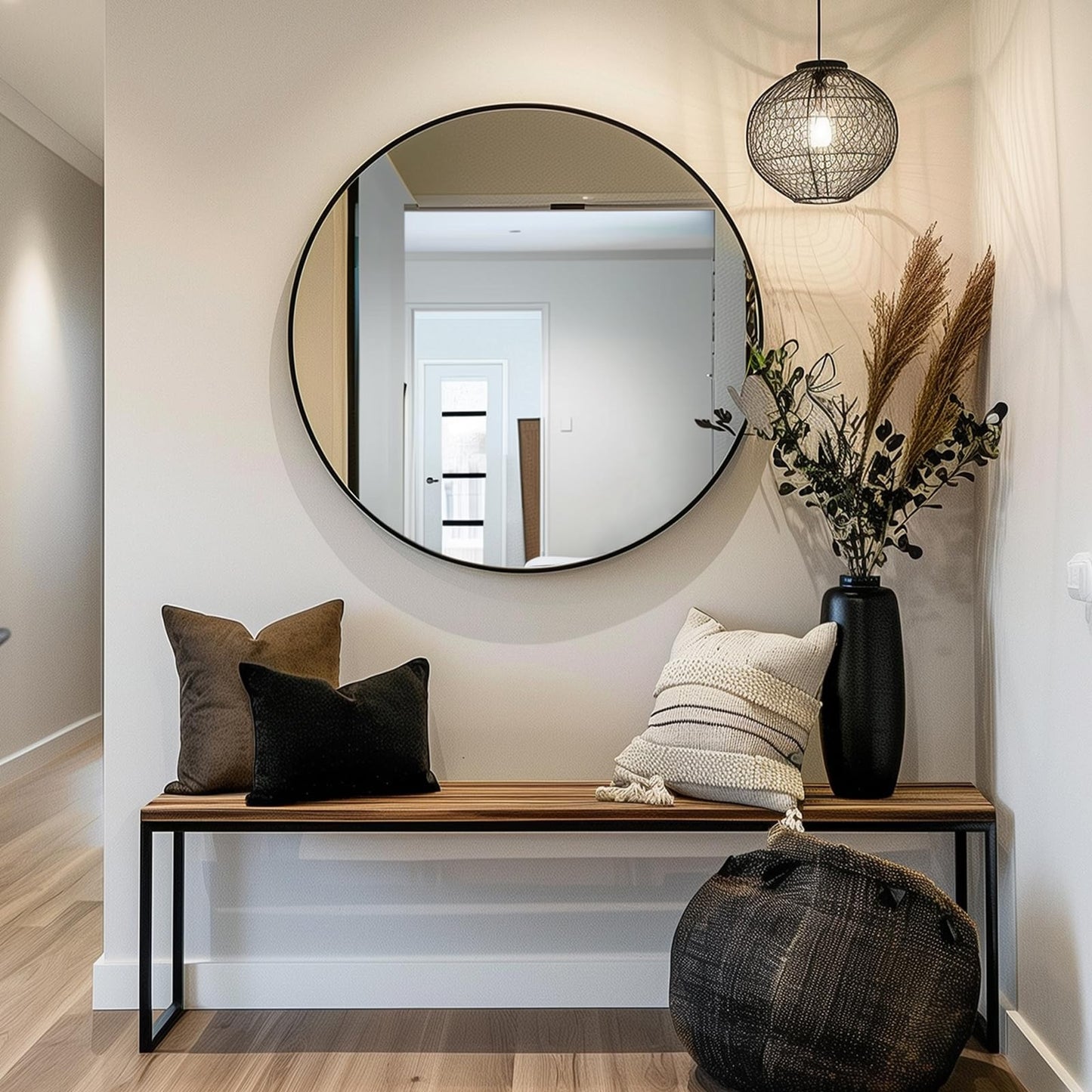 Sunniry Black Round Mirror, Round Mirror 24 inch, Matte Black Metal Frame