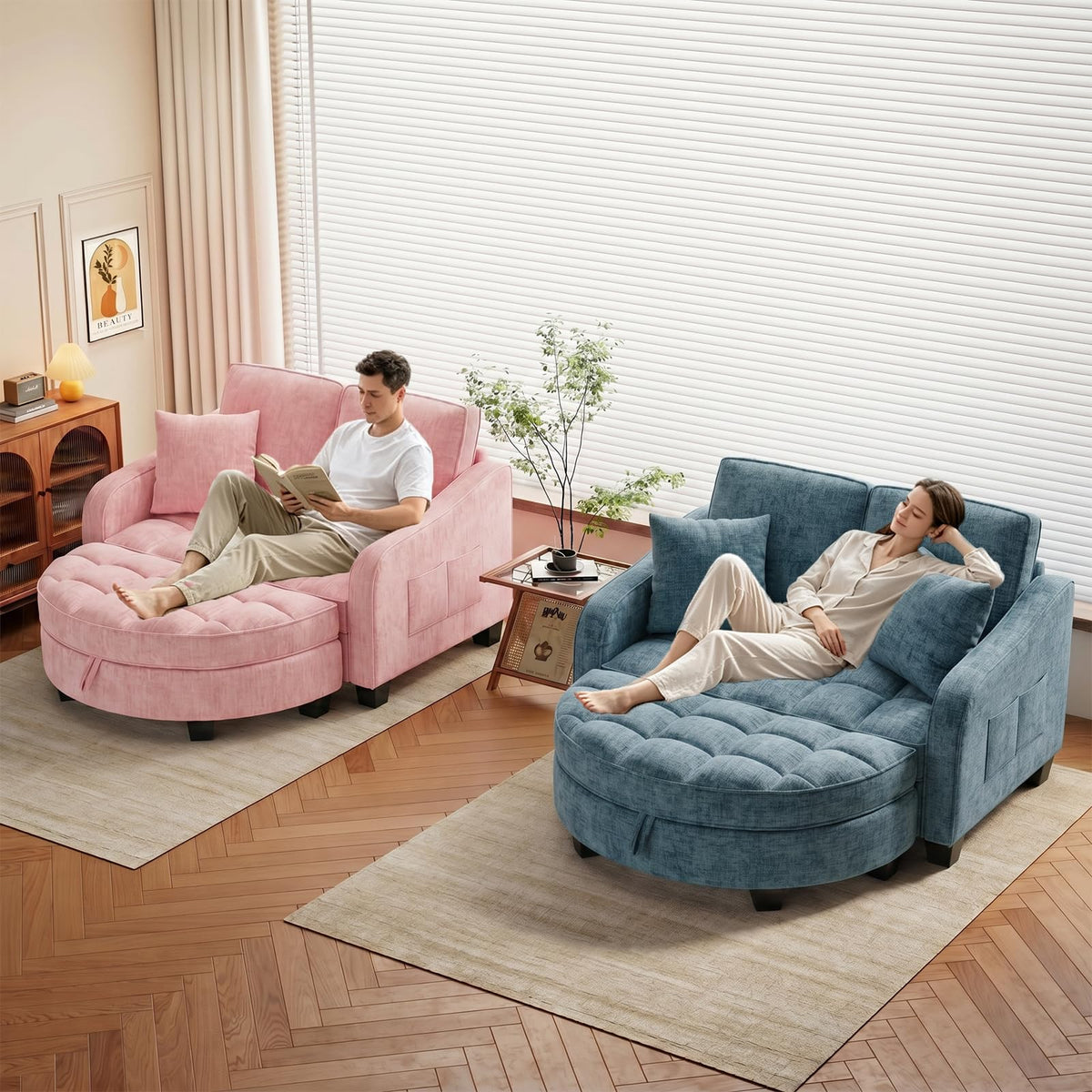 GEEVIVO Oversized Chaise Lounge Chair Indoor with Curved Ottoman, Blue
