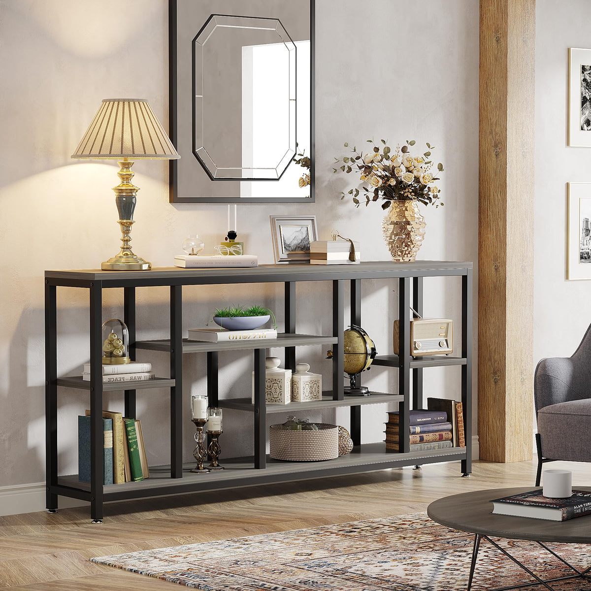 Tribesigns Console Sofa Table, 70.9 inch Extra Long Console Table Behind Couch with Storage Shelves, 3-Tier Modern Narrow Entryway Hallway Accent Table for Living Room, Grey