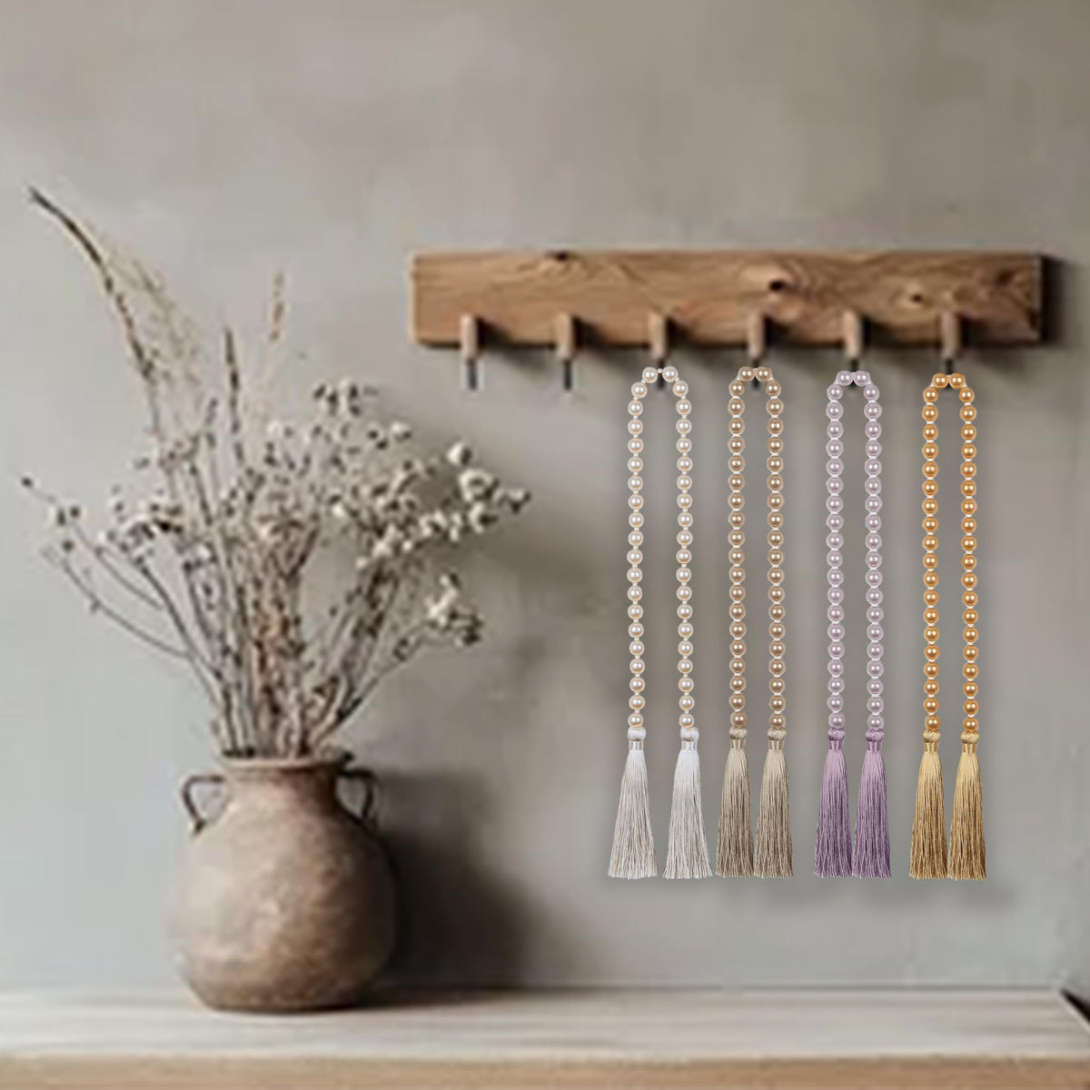 Fenghuangwu 34 Inch Pearl Glass Bead Garland with Tassels-1 Pack,Off White