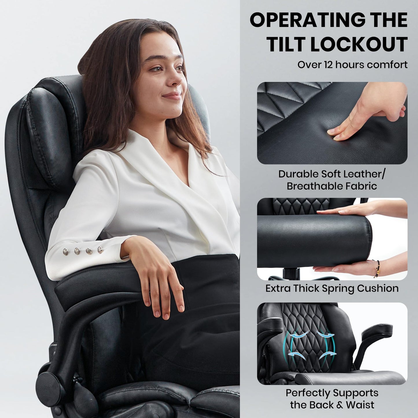 500lbs Big and Tall Office Chair Adjustable Lumbar Support for Back Pain, Extra Wide Seat Executive Office Chair Thick Armrest Pad, Heavy Duty Base&Upgraded Wheels, Ergonomic Desk Chair