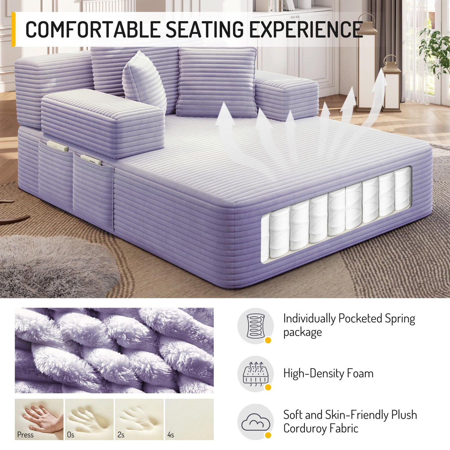 Oversized Convertible Chaise Lounge Chair Indoor, Corduroy Upholstered Boneless Sleeper Sofa Bed with Side Pockets, Modern Deep Seat Cloud Couch Reading Chairs for Living Room (Purple)