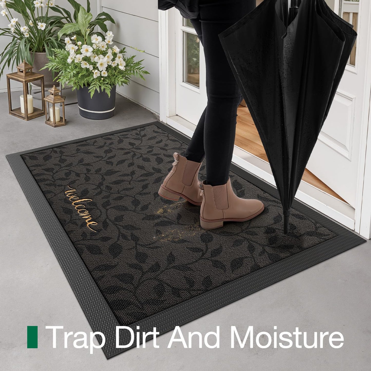 LUMI Premium Front Door Mat 24"x36", Non-Slip Heavy Duty Rubber Welcome Mats, Embroidered Tree Dirt Trapper Doormat for Indoor Outdoor Entryway, Porch, Patio, Grey Gold Leaf
