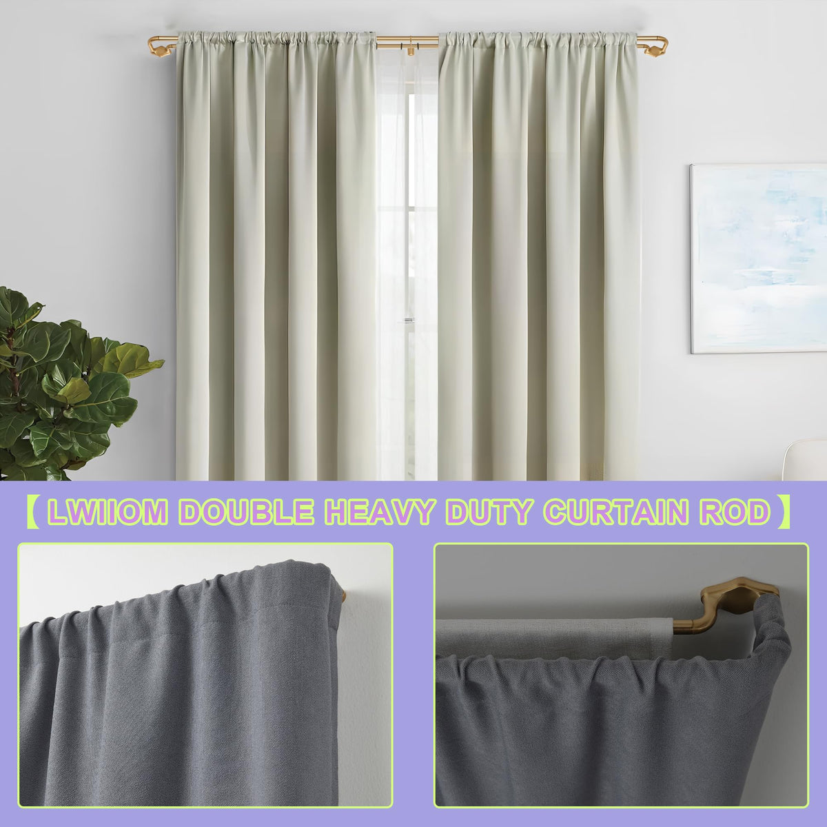 Lwiiom Gold Double Curtain Rods For Windows 28-48 Inch,Heavy Duty Double Curtain Rod with Aluminum Finials and Bracket,Adjustable Double Window Rods For Blackout Or Room Darkening Panels