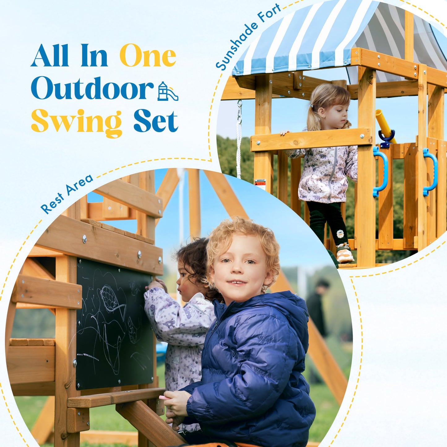 ROBOTIME Wooden Swing Set for Backyard, All-in-One Kids Outdoor Play Equipment with Swings, Slide, Climbing Rope Ladder, Outdoor Swing Playset for Kids Ages 3-10