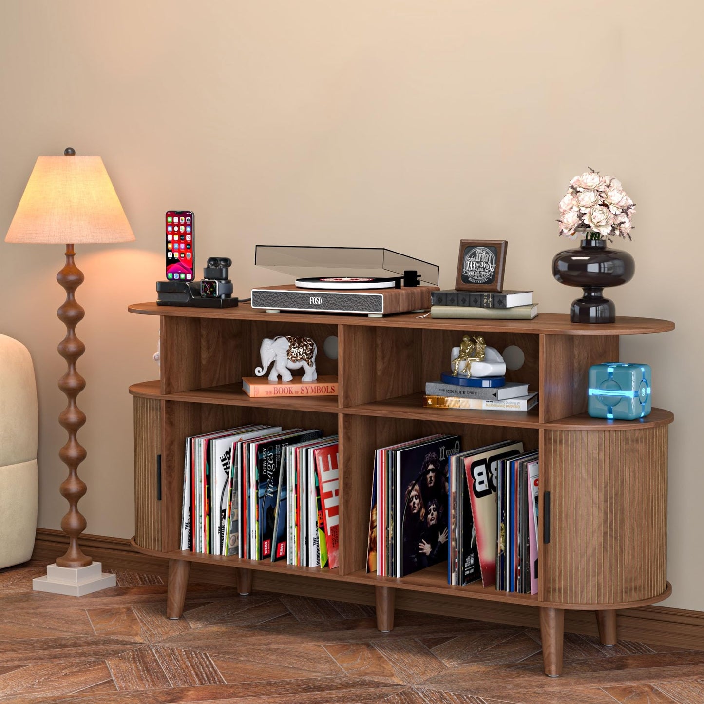 LUVIOHOME Large Round Record Player Stand with Charging Station & USB Ports，Record Storage Cabinet, Mid Century Modern Turntable Stand for Bedroom Living Room (Walnut)