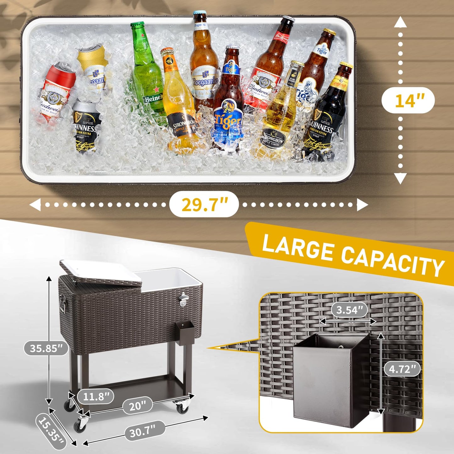 Outvita 80 Quart Rolling Ice Chest, Portable Bar Drink Cooler with Catch Basin, Bottom Storage Tray and Bottle Opener for Patio Party BBQ Beach Activities (Rattan)