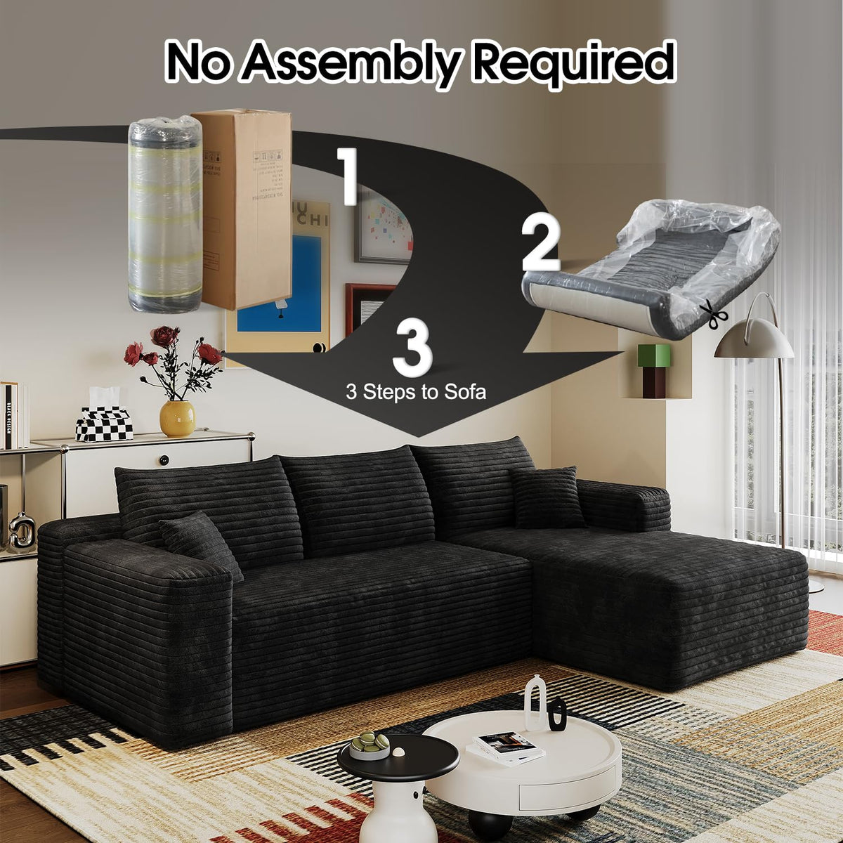 96” L - Shape Boneless Modular Sectional Cloud Couch with Chaise - Modern Comfy Corduroy Compressed couches for Living Room - Memory Foam Sofa, No Assembly Required (Black)