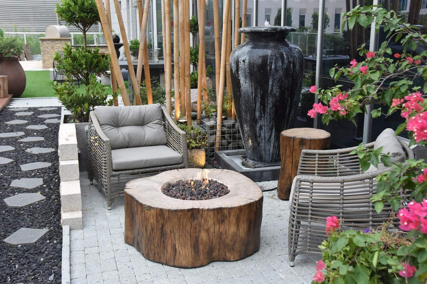 Elementi | Manchester Gas Fire Pit Cast Concrete Semi-Round Fire Table, Outdoor Fire Pit Electronic Ignition | Canvas Cover, Lava Rock Included | Red Wood (Propane Gas)