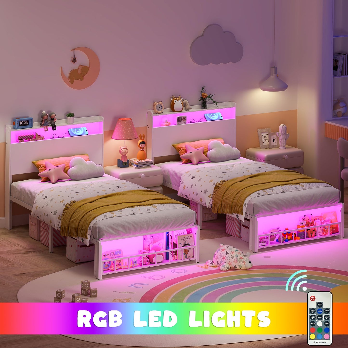 Timy Twin Size Bed Frame with LED Lights Metal Platform Bed for Boys and Girls Wooden Headboard with Charging Station No Box Spring Needed White