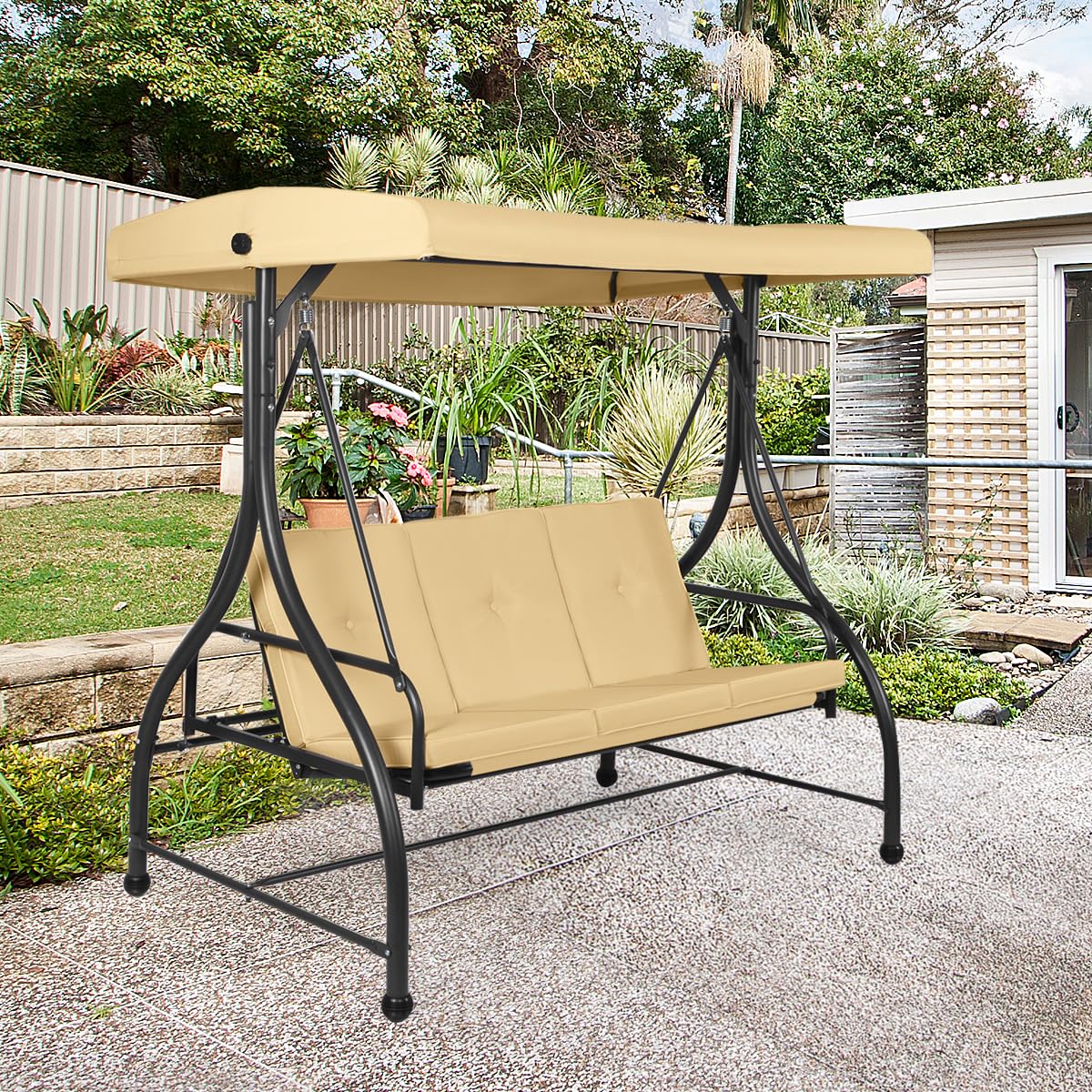 Tangkula 3 Seats Converting Patio Swing, Outdoor Porch Garden Canopy Swing with Comfortable Cushion Seats & Adjustable Tilt Canopy, Heavy Duty Hammock 3 Persons Porch Swing (Beige)