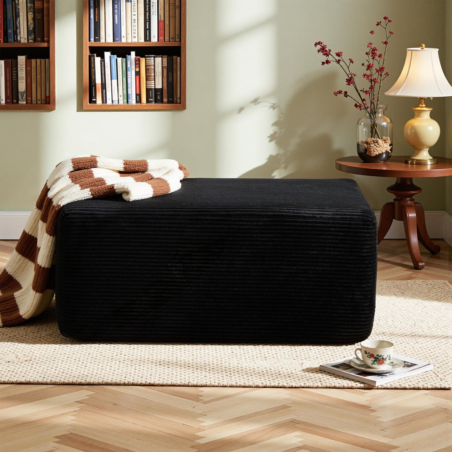 37" Square Cloud Couch Ottoman Footstool, Upholstered Foam Filling Footrest Ottomans for Couch,Large Seat,Soft Fluffy Foot Stool for Living Room Bedroom, No Assembly Required,Black,Corduroy