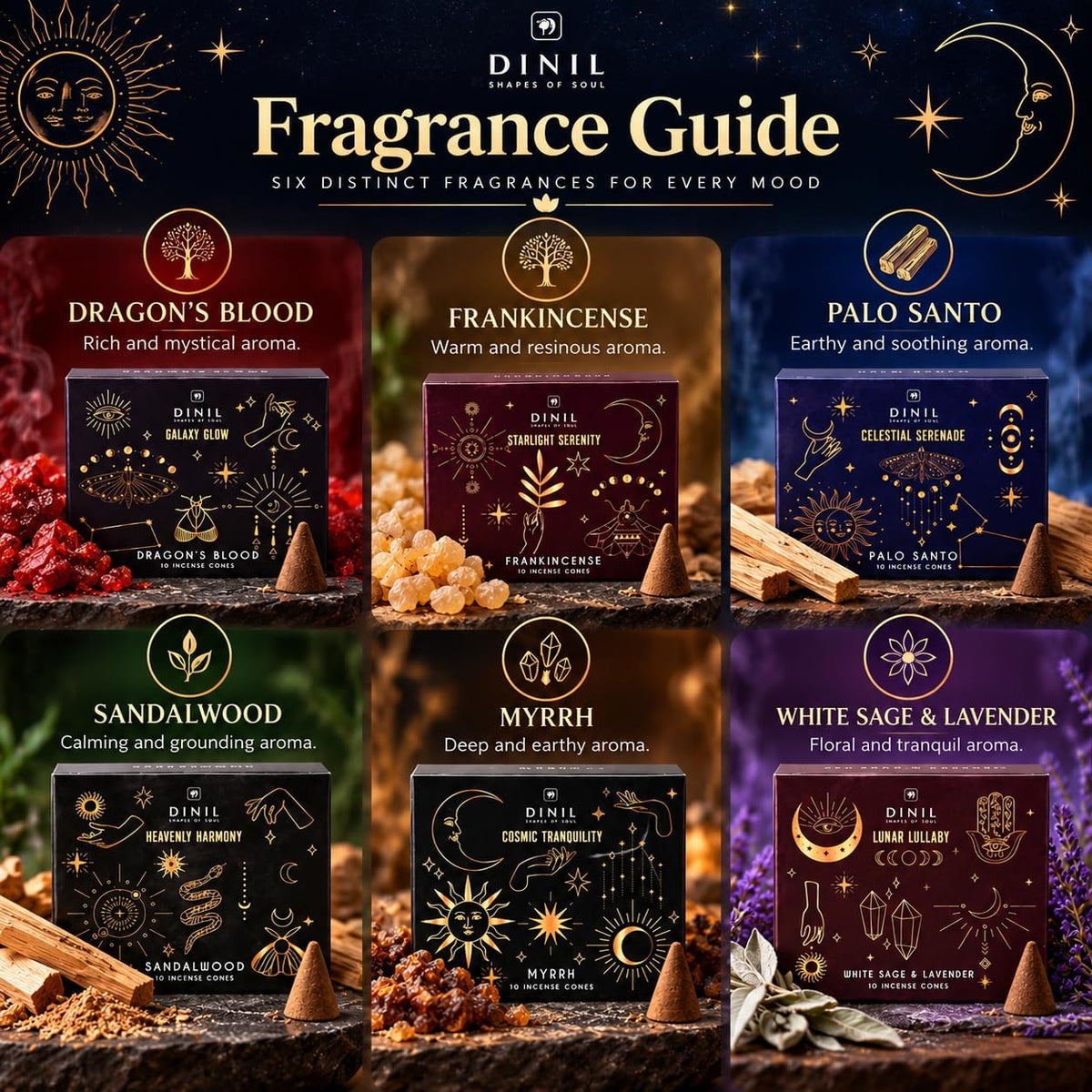 Dinil Cosmic Aura Incense Cones Variety Pack, 60 Cones, 6 Fragrances