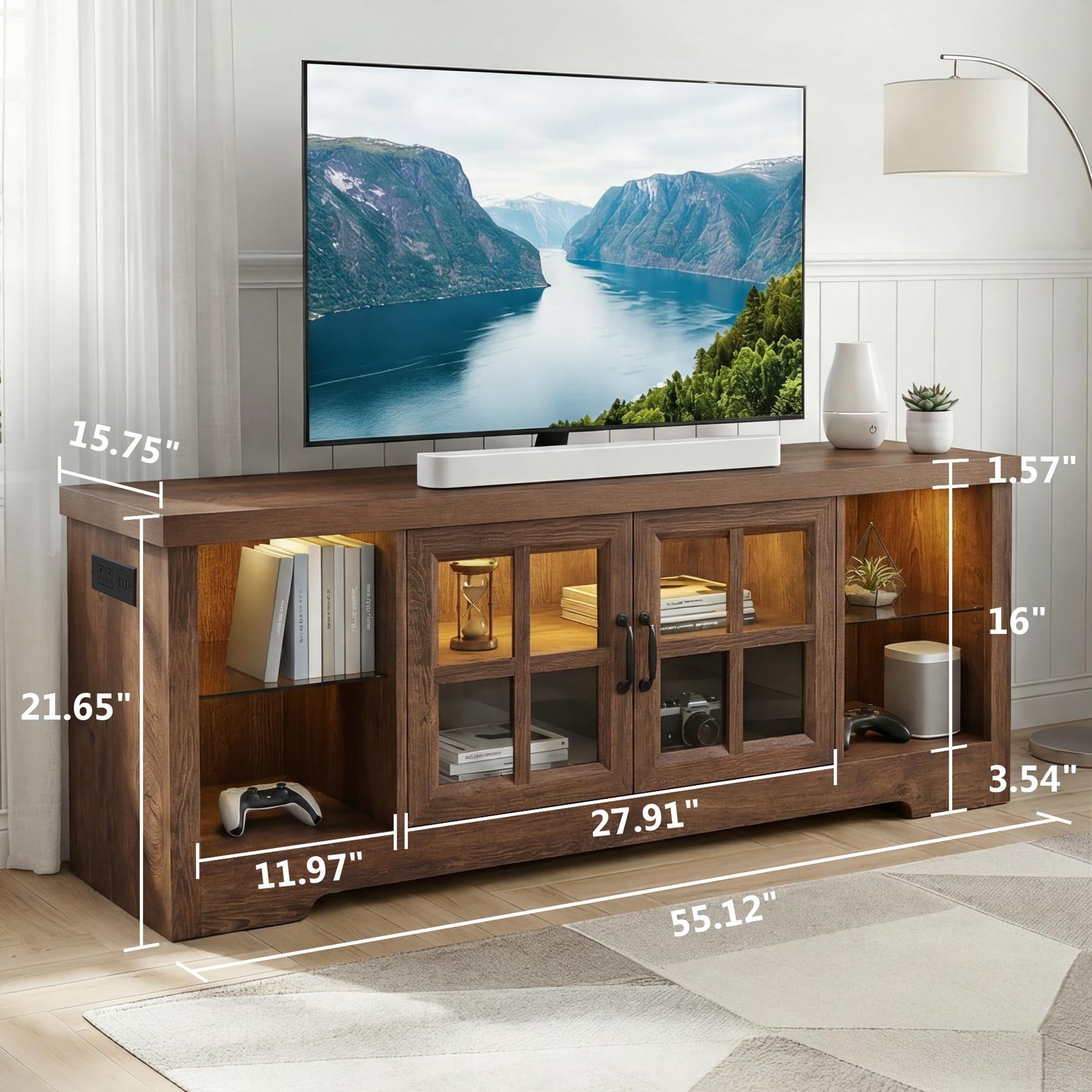 Foxemart LED TV Stands, 55 Inch Farmhouse Television Stand with Charging Station & Adjustable Shelf, Wood Entertainment Center for 60 Inch TV, Display TV Console Table for Living Room/Bedroom