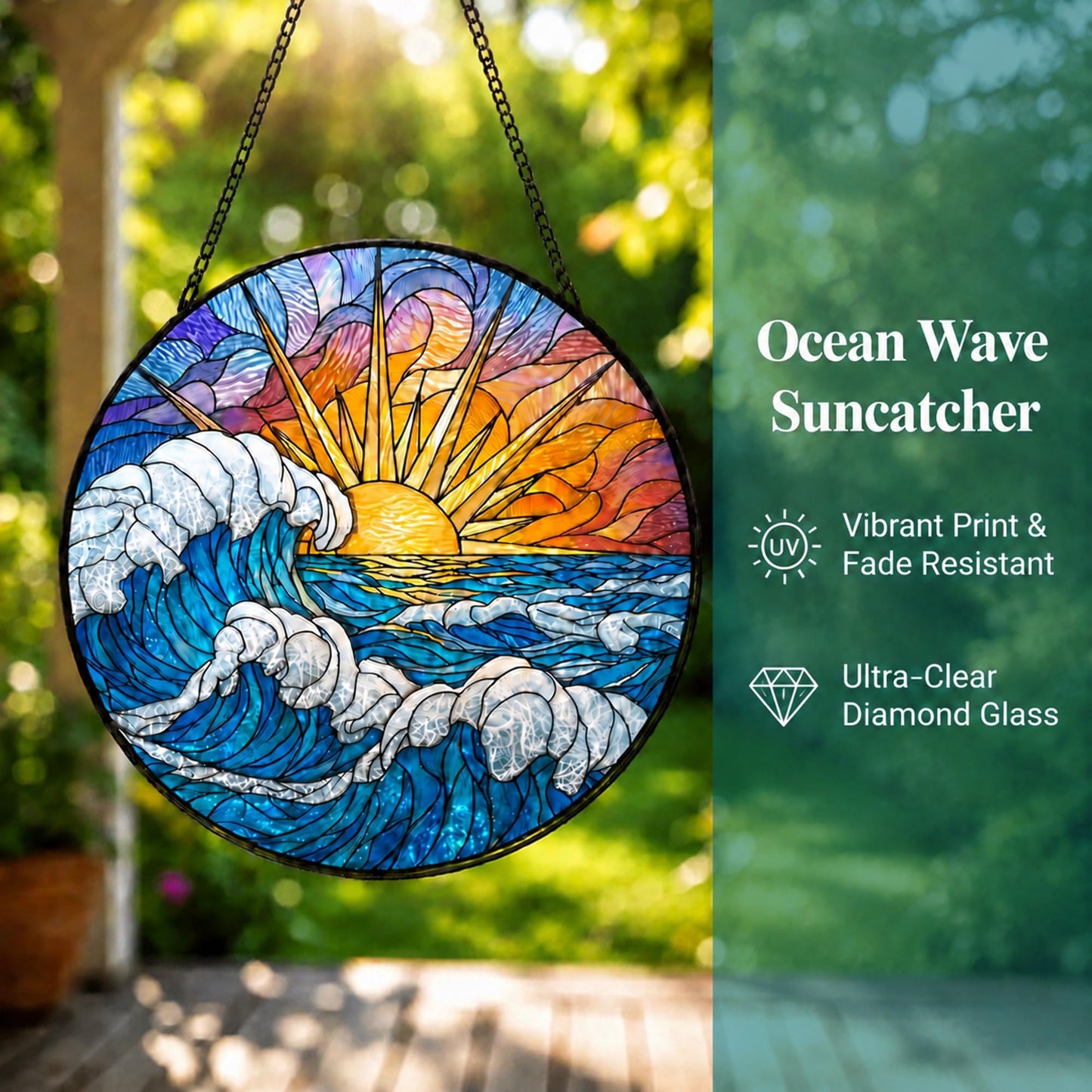 Suncatcher for Window | 3D Embossed Stained Glass Ocean Sunrise Beach Design | Diamond Glass Rainbow Maker with Crystal Chime Gift Box Set | Coastal Decor Gift