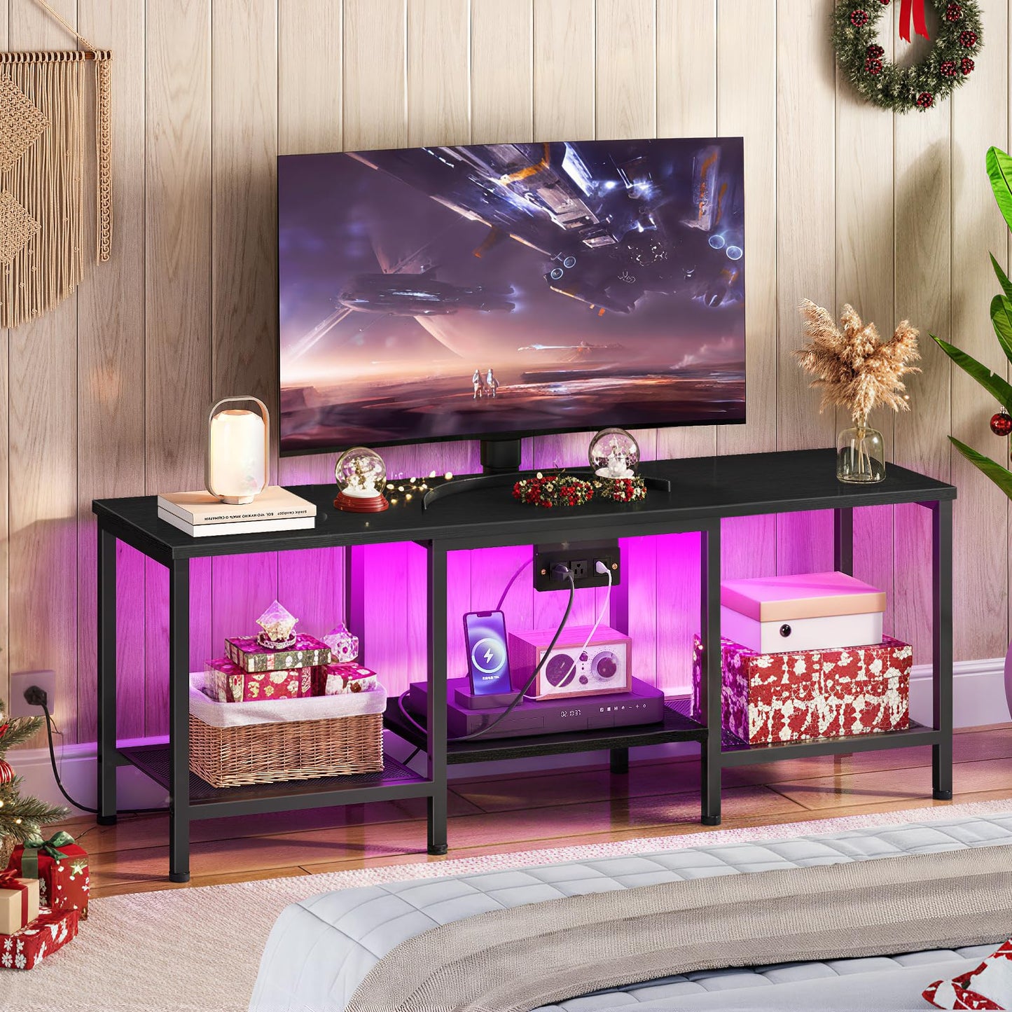 HOOBRO TV Stand with Charging Station to 55 Inches, LED Entertainment Center, Media TV Console Table with Open Storage Shelving for Living Room, Bedroom, Black BB122UDDS01