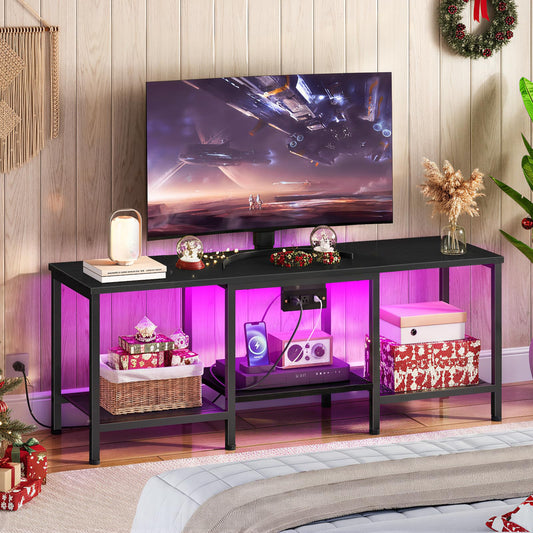 HOOBRO TV Stand with Charging Station to 55 Inches, LED Entertainment Center, Media TV Console Table with Open Storage Shelving for Living Room, Bedroom, Black BB122UDDS01