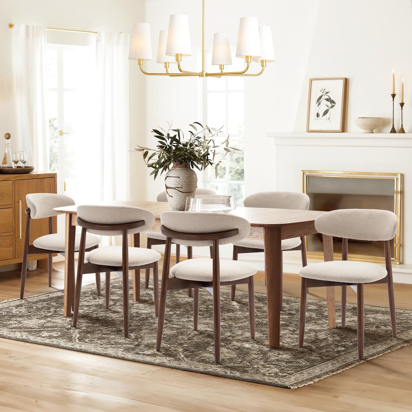 COLAMY Wooden Dining Chairs Set of 6, Modern Upholstered Fabric Dining Room Chair, Farmhouse Kitchen Side Chairs with Foot Pegs, Beige