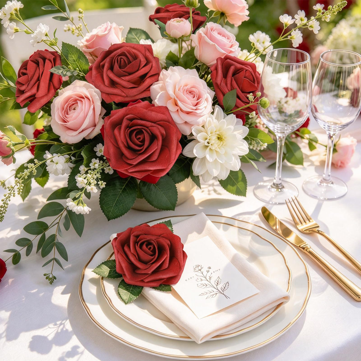 AmyHomie Dark Red Rose 25pcs Real Looking Artificial Flowers w/Stem
