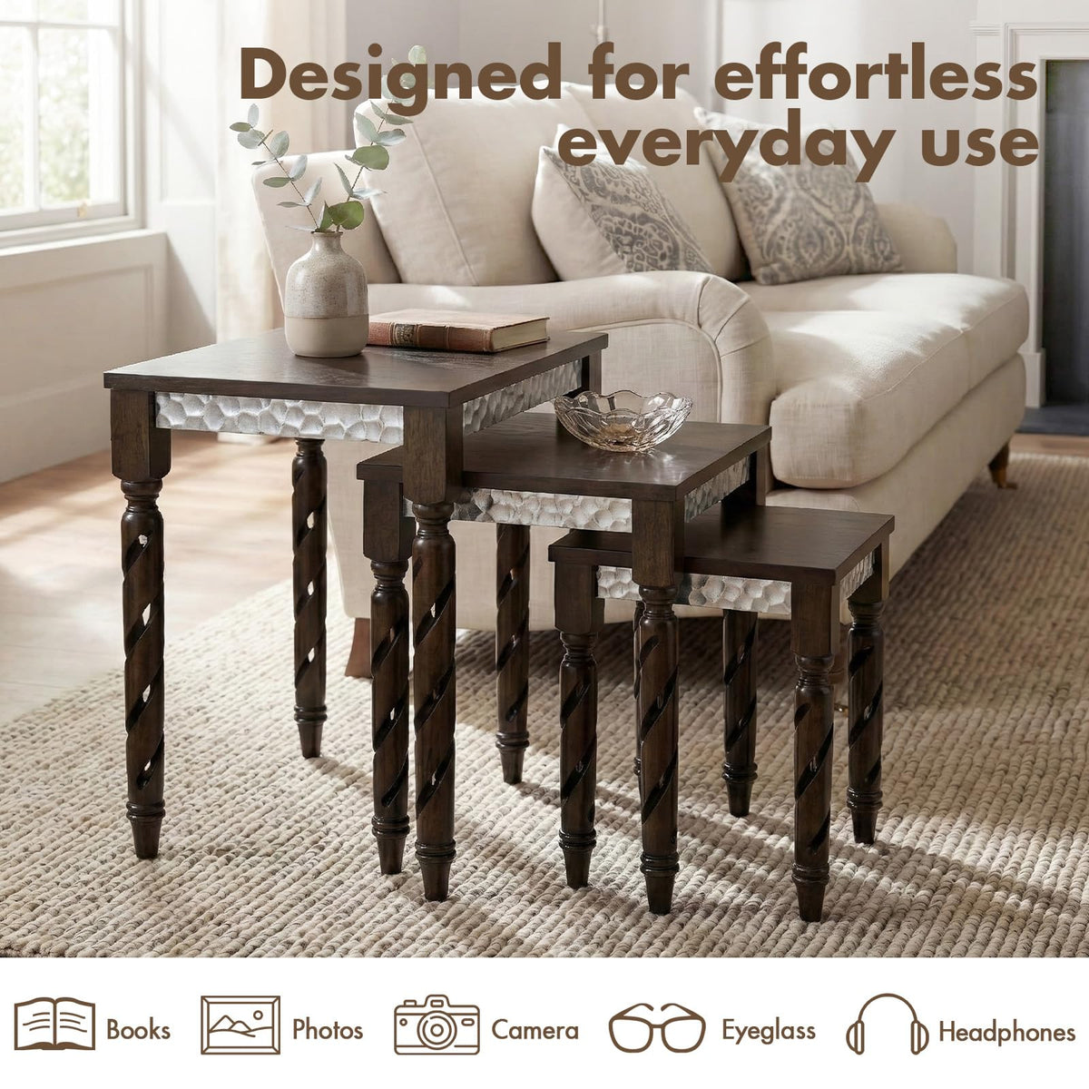 Hyfirm Nesting Tables Set of 3, Walnut Mid Century Modern Accent Tables with Spiral Rubber Wood Legs & Silver Honeycomb Apron, Retro Stackable Side Tables for Living Room, Bedroom & Small Apartments