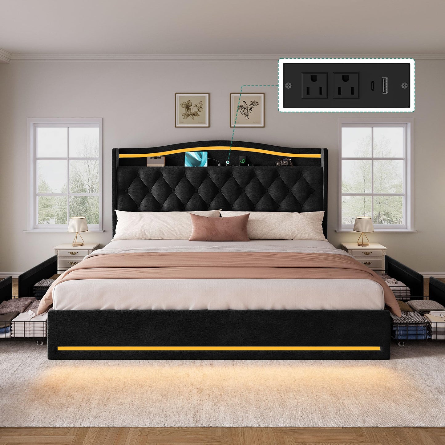 YITAHOME King Size Bed Frame with 4 Storage Drawers and RGB LED Lights