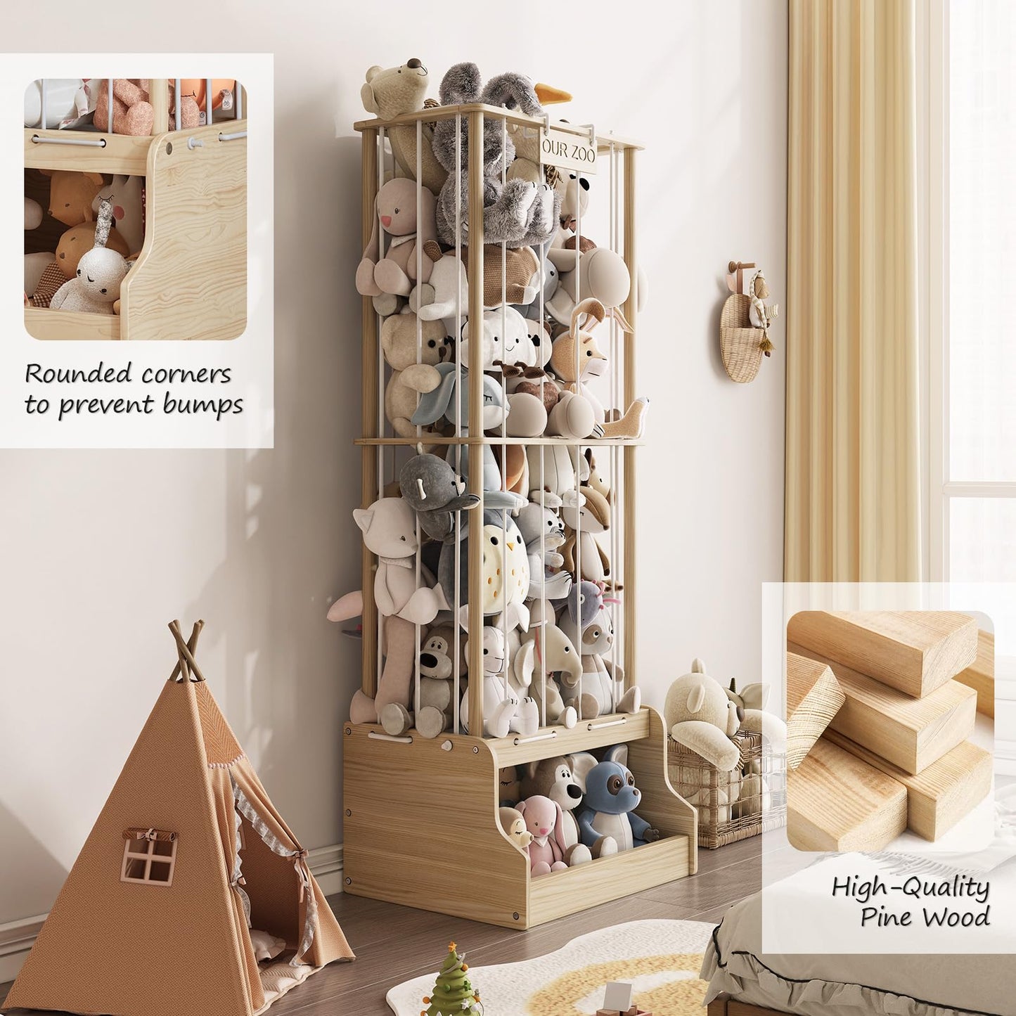 Stuffed Animal Storage Organizer,2-in-1 Solid Pine Wood Stuffed Animal Zoo with Toy Chest, Large Plush Toy Holder with Thick Elastic Bands,Stuffed Animal Holder for Playroom, Nursery, Bedroom