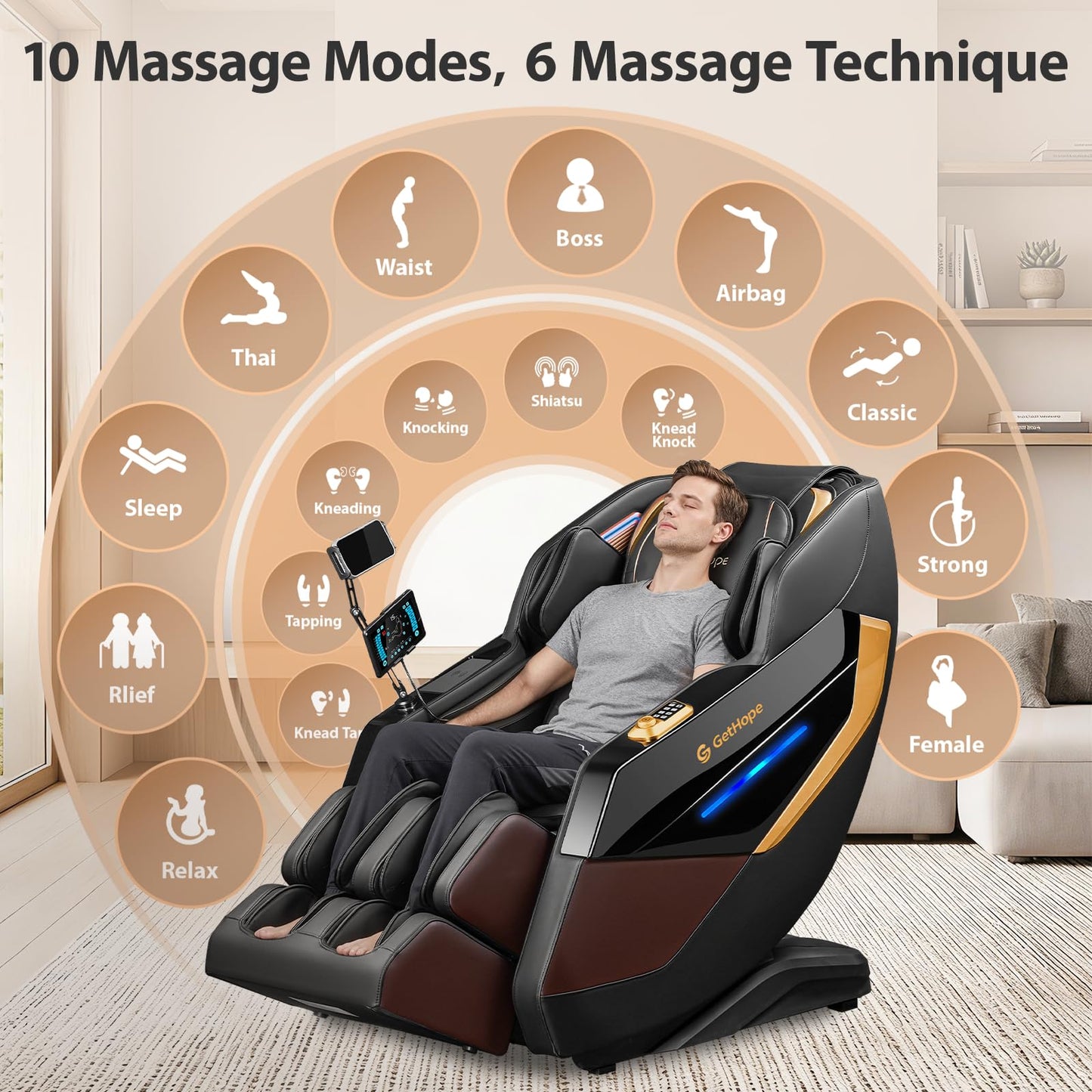 Gethope Massage Chair Full Body 4D Zero Gravity Massage Chair Recliner with 57.1" SL-Track Shiatsu Massage Lumbar Heat 40 Airbags Foot Rollers AI Voice 7" Touchscreen Bluetooth