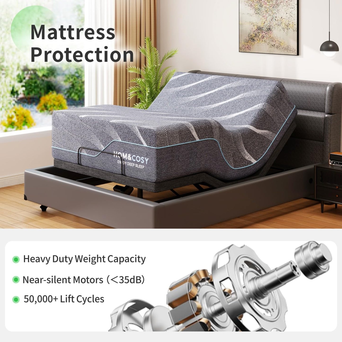 Vipbear Adjustable Bed Frame Massage Full with 14" Memory Foam Grey Mattress Head & Foot & Headrest Incline Electric Bed with Wireless Remote & APP | Zero Gravity | Anti-Snore | USB Ports