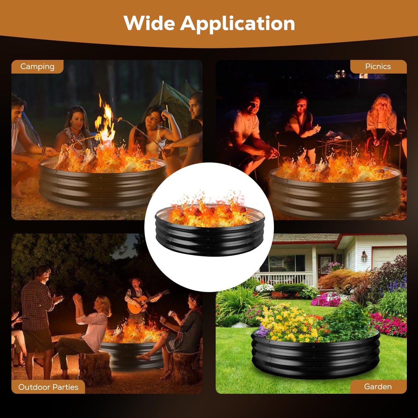 Raynesys 48 Inch Round Galvanized Fire Pit Ring, Round Galvanized Fire Ring, 4 Feet Diameter Round fire Pit, Outdoor fire Pit for Backyard, Camping, Bonfire, Black