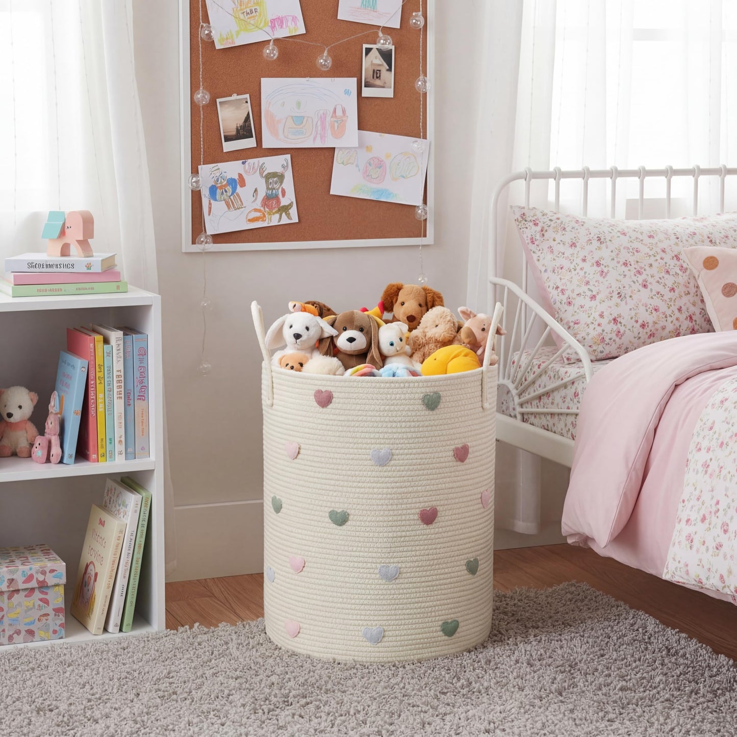 LemonRoad Macaron Heart Laundry Hamper Large Cotton Rope Storage Basket Woven Storage Bucket with Handles for Bathroom Bedroom Nursery Toy Clothes Organizer, 60 L