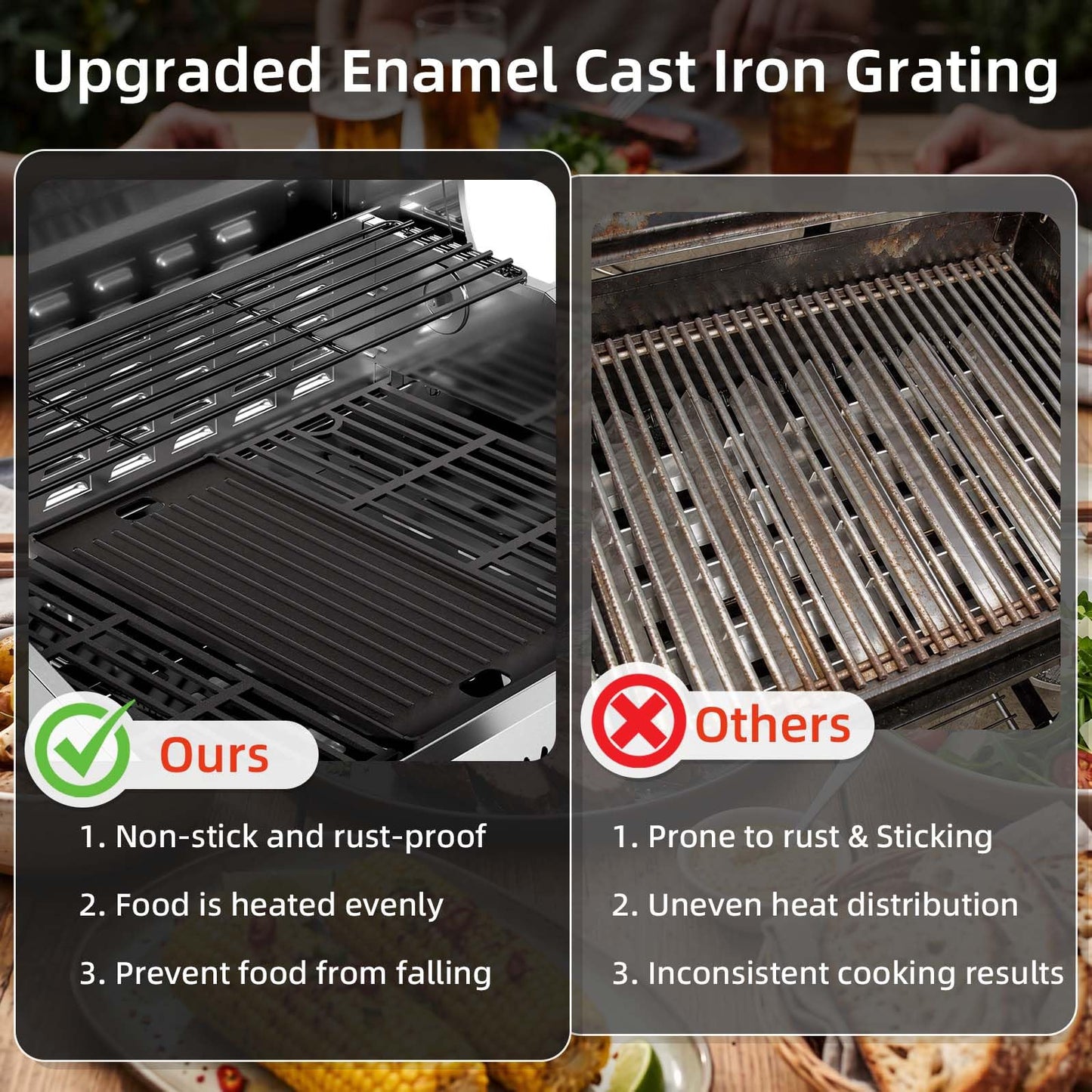 COWSAR 4-Burner Gas Grill, 42000 BTU BBQ Grill, Stainless Steel Barbecue Grill with Side Burner, Enameled Cast Iron Grill, Pull-Out Oil Tray, Suitable For Outdoor, Backyard Barbecues