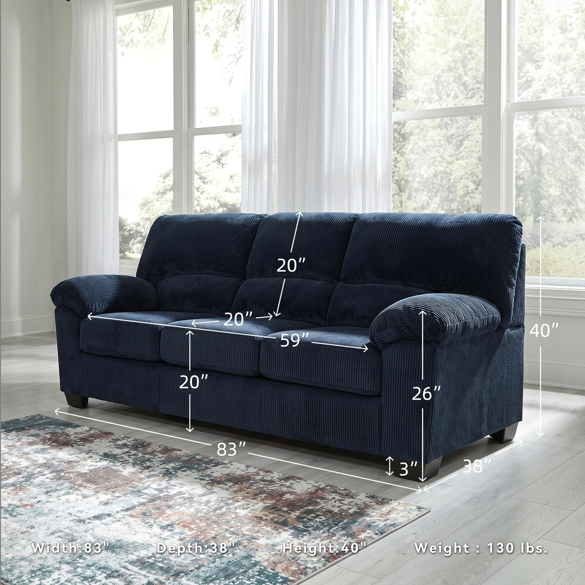 Signature Design by Ashley Sofa, 83-in Navy Corduroy, Anti-Sag Platform