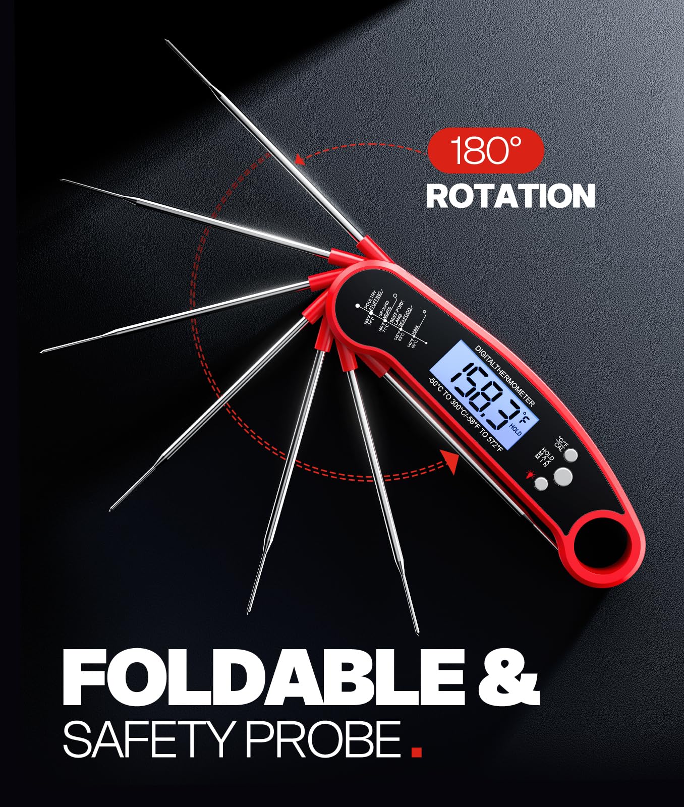 Meat Thermometer Digital – Instant Read Food Thermometer for Grilling, BBQ, Air Fryer, Smoker, Candy Making with Foldable Probe, Kitchen Gadgets, BBQ Essentials, Gift for Dad Men Husband Him, Red