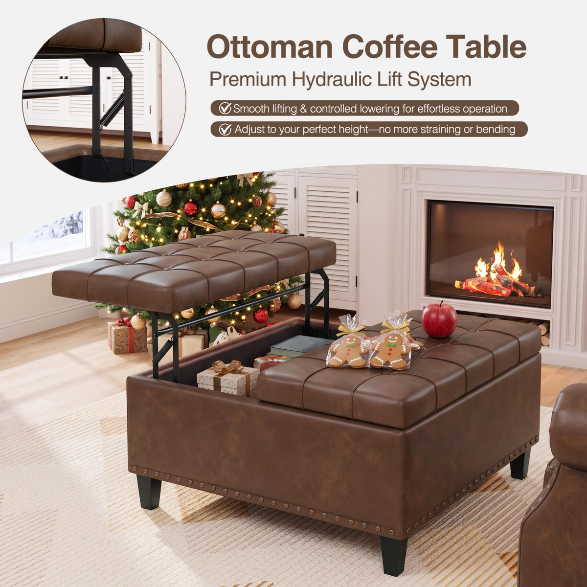FiveWillowise 31.5 Inch Large Square Ottoman with Storage,Faux Leather