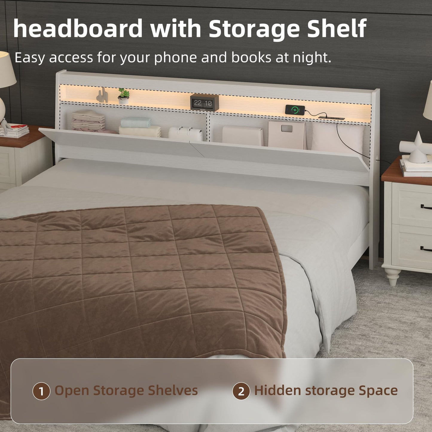 KATYGLORY Headboard Only with St,Modern Headboard with Storage Built-in Power Outlets 2 USB Ports LED Lighting, Gap-Free Wall Design Easy Assembly (White, Queen (U.S. Standard))